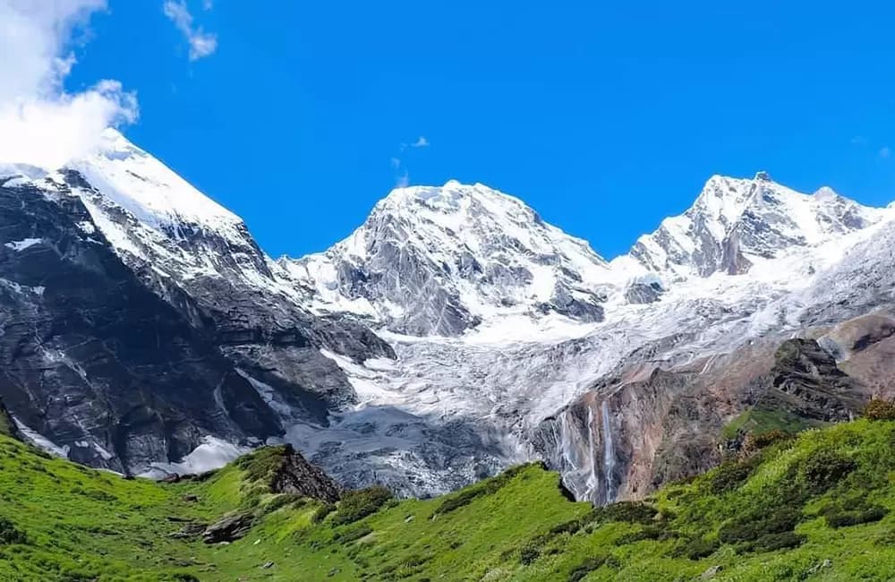 Snowy Panchachuli peaks above green alpine slopes near Munsiyari