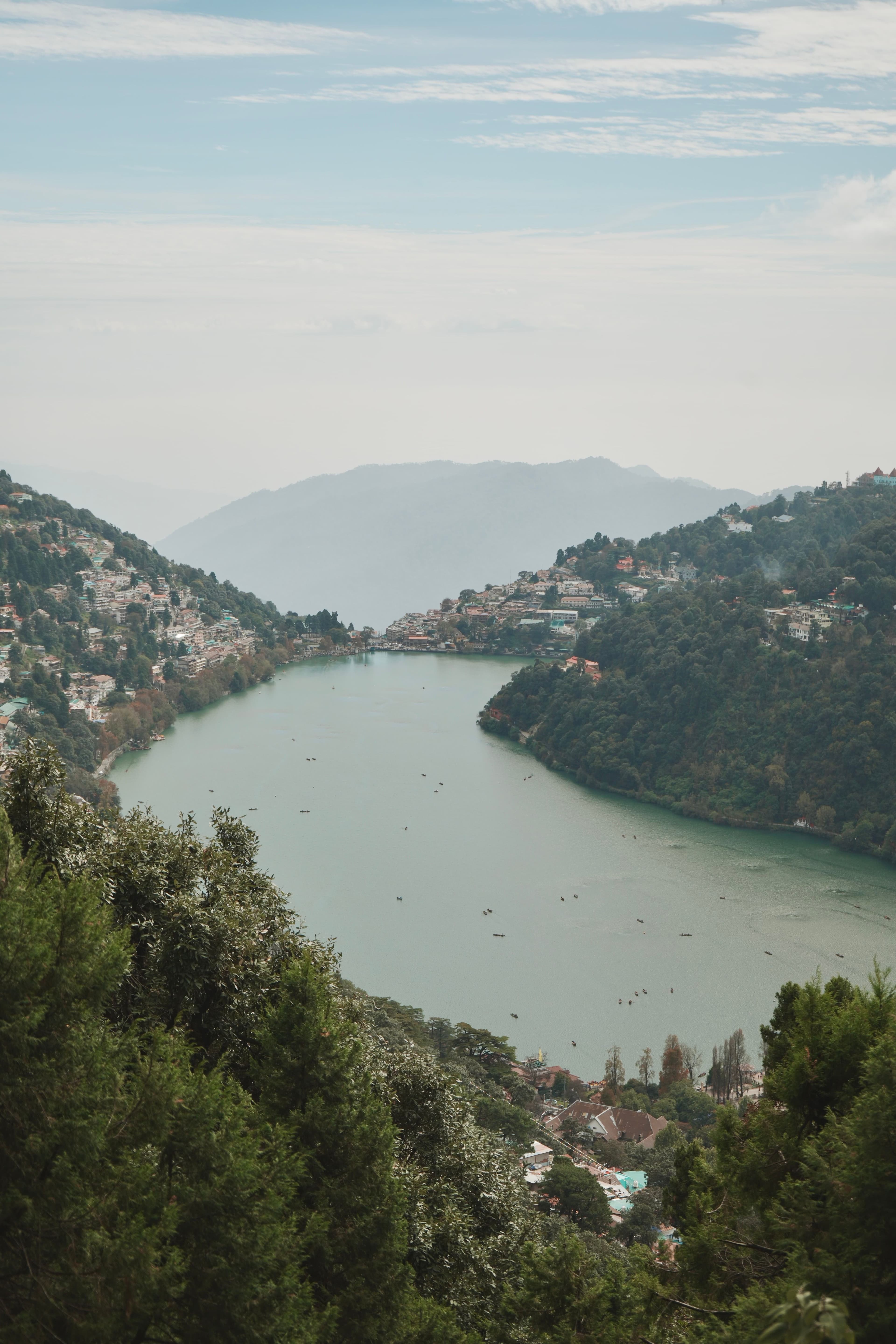 Panoramic viewpoint above Naini Lake and the green hills of Nainital